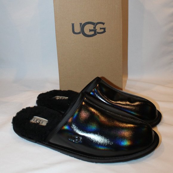NIB UGG WOMEN'S PEARLE BLACK IRREDESCENT SLIP ON LEATHER SHEARLING LINED SLIPPER - Picture 1 of 5